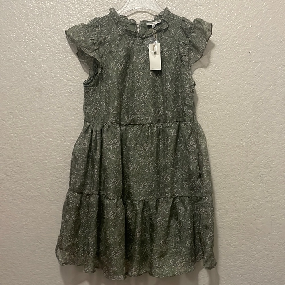 Anthropologie Olive Green Floral Tiered Mini Dress - Picture 4 of 9